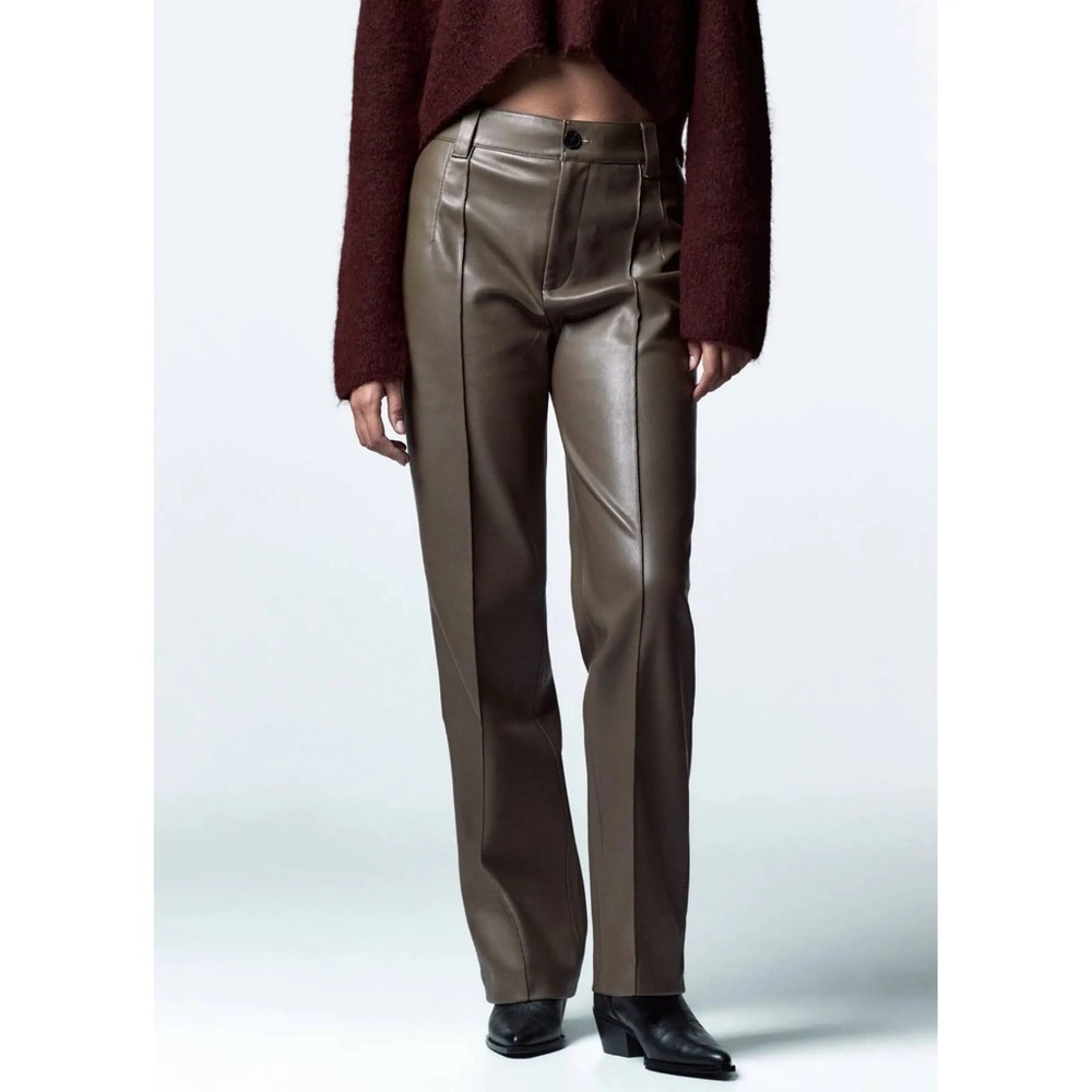 Zara Brown Straight Leg faux Leather Pants